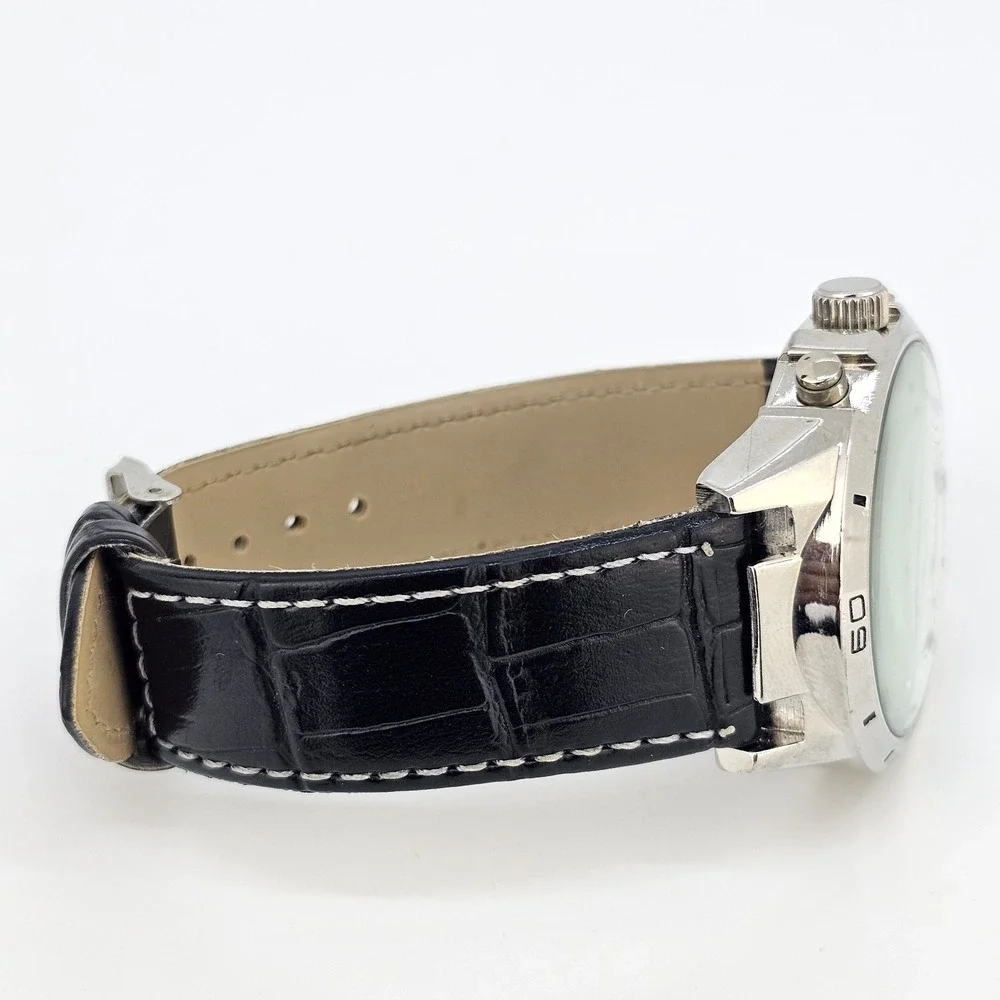 Men's Watch 44MM White Dial NEW Black Faux Leather Bands New Battery
